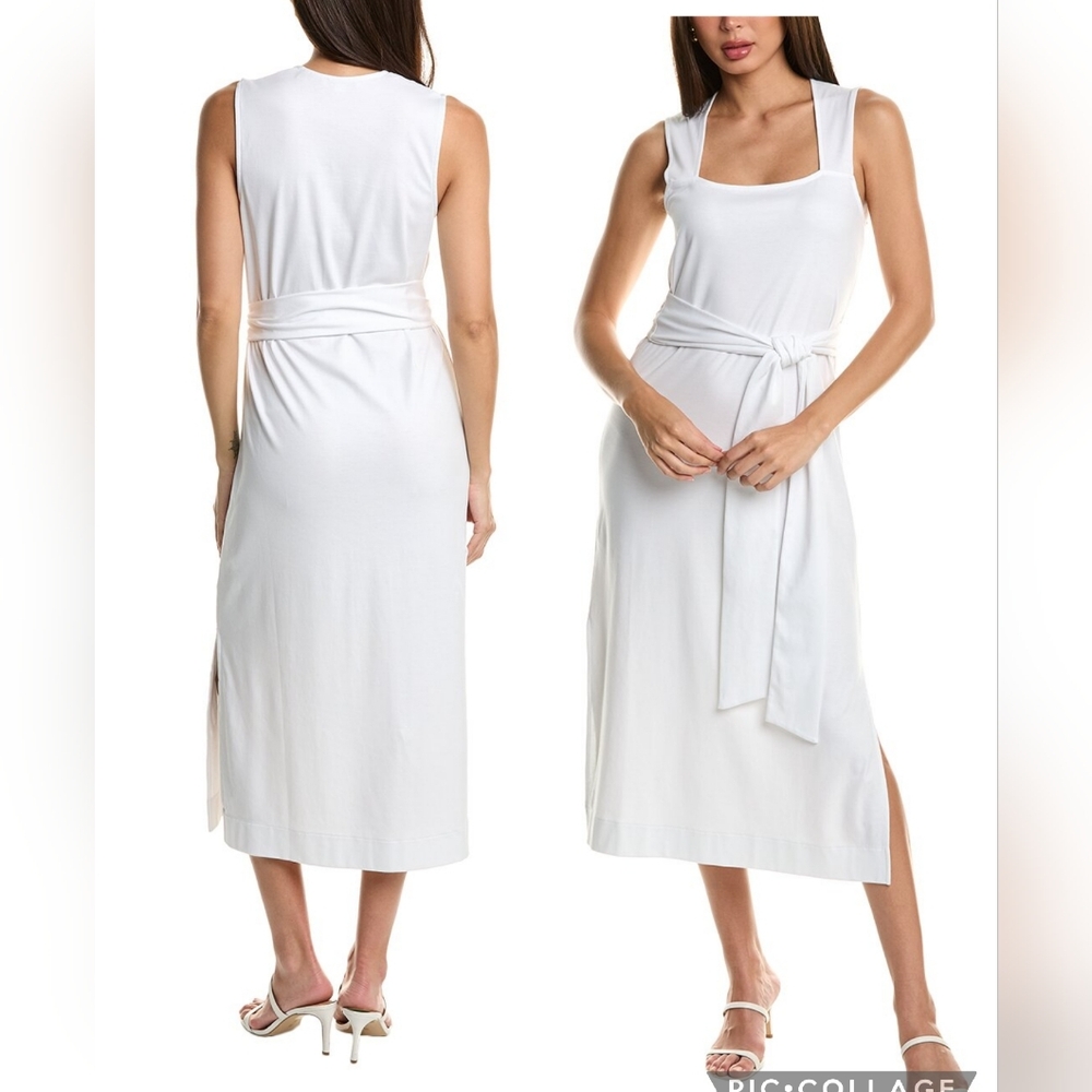 NWT Vince Pima Cotton White Sleeveless Belted Midi ‎ Dress Sz Small